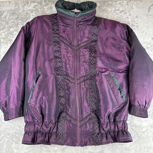 Vintage Izzi Puffer Coat Women's‎ S/M Metallic Purple Green Shimmer Aztec (0950)